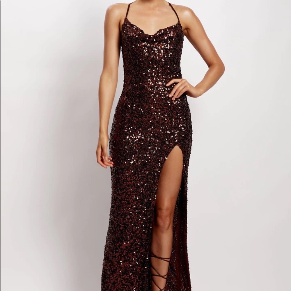 Maxi chocolate colored slit dress with sequin design